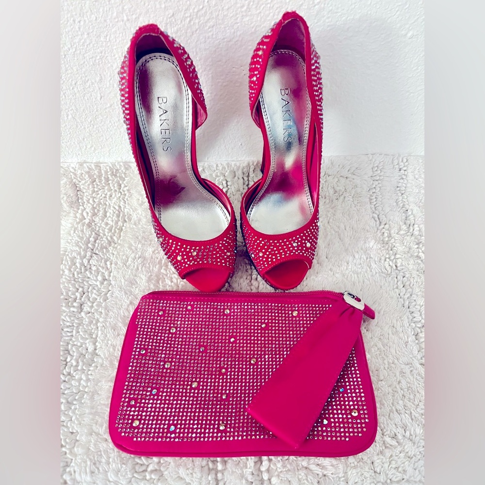 Hot pink sequin platform heel with matching wristlet purse.